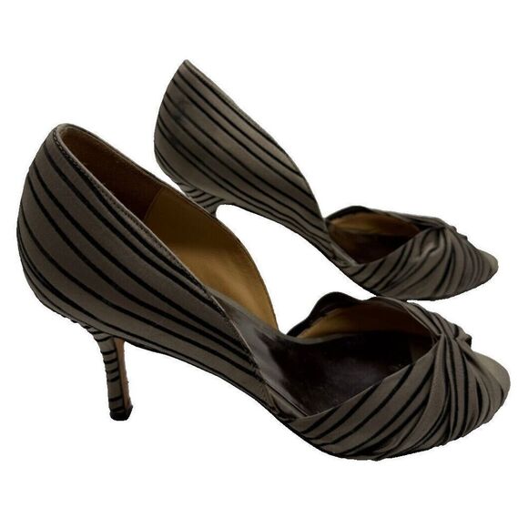 Badgley Mischka Taupe Black Stripe Peep Toe‎ Heels Size 9 - Picture 5 of 10